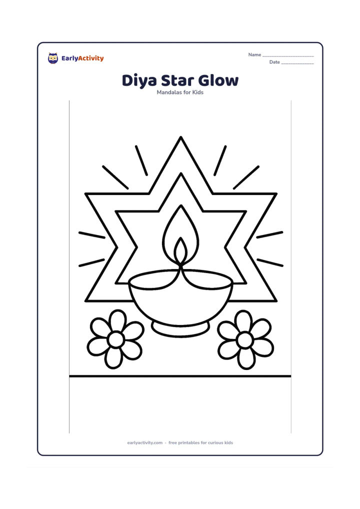 Colouring page: Draw a large six-point star mandala behind one simple oil lamp, with broad curved rays spreading outward. Add two large flower shapes and a plain floor line beneath the lamp.