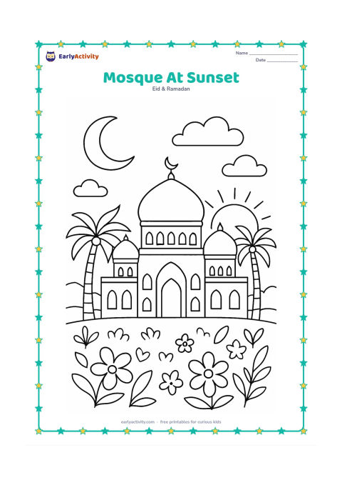 Colouring page: A mosque with several domes and arched windows appears across a garden at sunset, with palm trees, clouds, and a rising crescent moon.