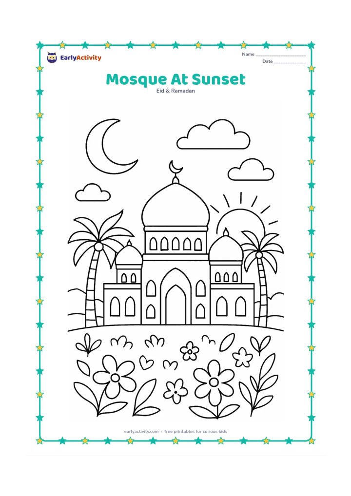 Colouring page: A mosque with several domes and arched windows appears across a garden at sunset, with palm trees, clouds, and a rising crescent moon.