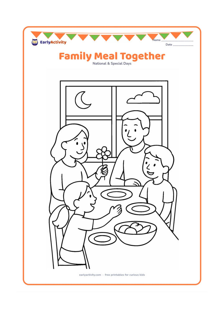 Colouring page: A mother, father or other caring adult, and two children sit together around a dining table while one child offers the mother a flower. Include plates, fruit, a water jug and a window…