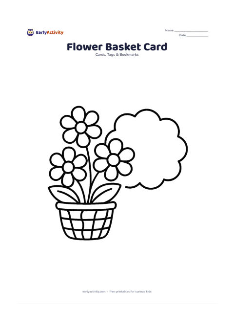Worksheet: A low basket holds three oversized flowers with open petals and broad leaves. Add a large empty cloud-shaped panel beside the basket for a personal note, with no letters or numbers.