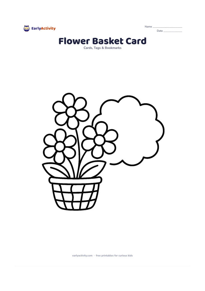 Worksheet: A low basket holds three oversized flowers with open petals and broad leaves. Add a large empty cloud-shaped panel beside the basket for a personal note, with no letters or numbers.