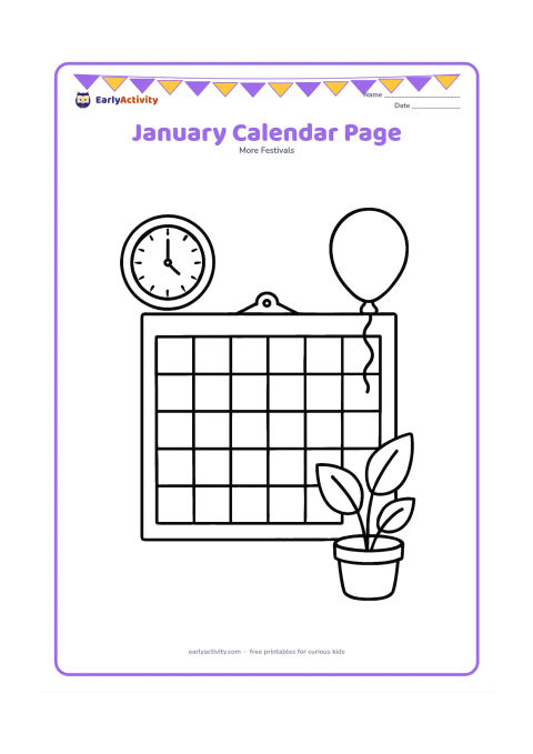 Colouring page: A large blank calendar sheet hangs on a wall beside a round clock, a party balloon and a leafy houseplant. The calendar has empty boxes with no text, numbers or symbols.