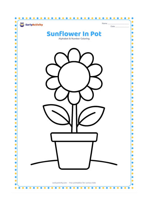 Colouring page: A tall sunflower grows from a plain flowerpot, with one broad leaf on each side and a low garden line beneath it. Use a large flower centre and rounded petals without detailed textures.