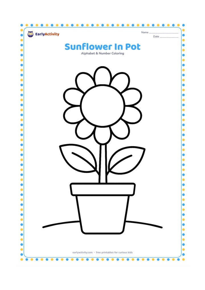 Colouring page: A tall sunflower grows from a plain flowerpot, with one broad leaf on each side and a low garden line beneath it. Use a large flower centre and rounded petals without detailed textures.