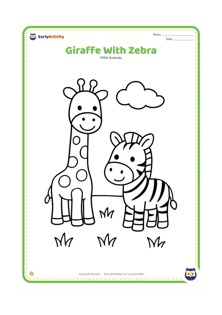 Colouring page: A giraffe and a friendly zebra stand side by side in a grassy field, both facing the viewer. Add one cloud and a few simple grass tufts.