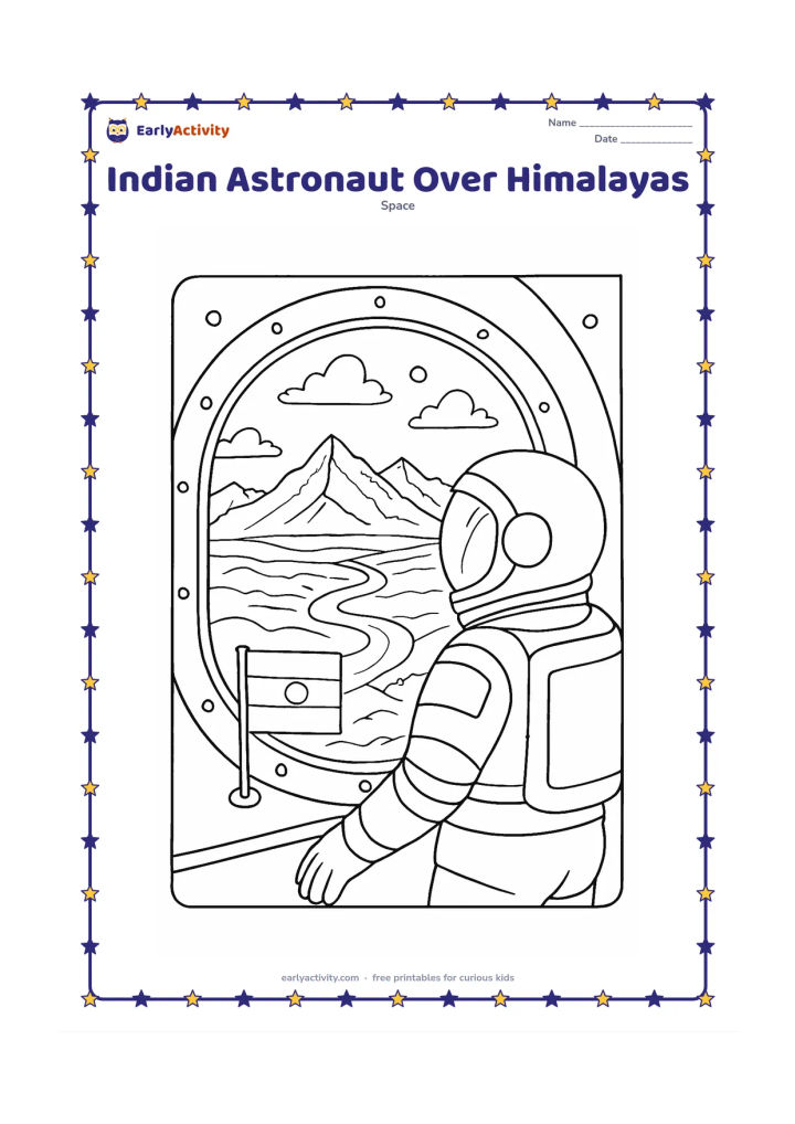 Colouring page: Draw an astronaut looking through a spacecraft window at the Himalayas and a winding river below, with an Indian tricolour mission flag attached to the cabin wall without lettering.…