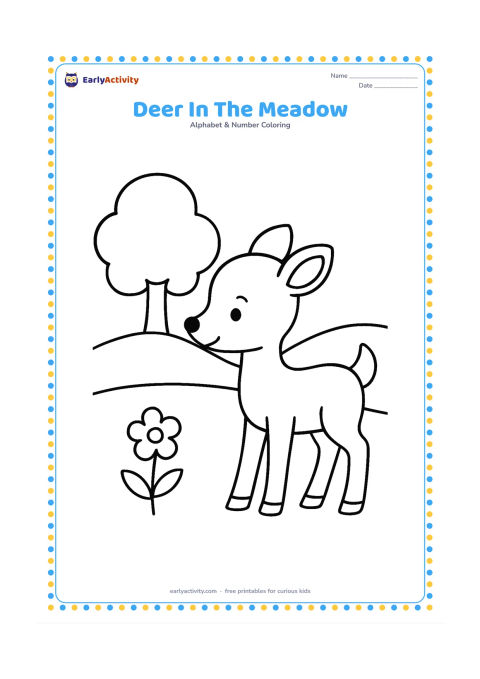 Colouring page: A gentle young deer stands in a meadow facing a small flower. Include one rounded tree and a low hill in the background.