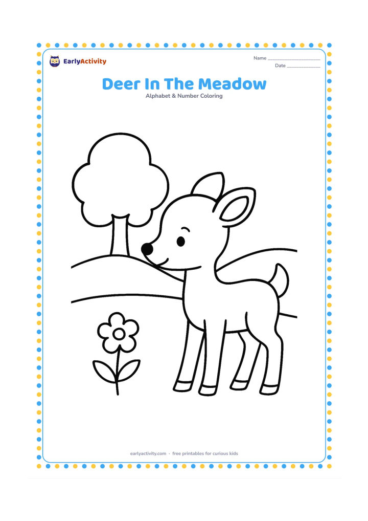 Colouring page: A gentle young deer stands in a meadow facing a small flower. Include one rounded tree and a low hill in the background.