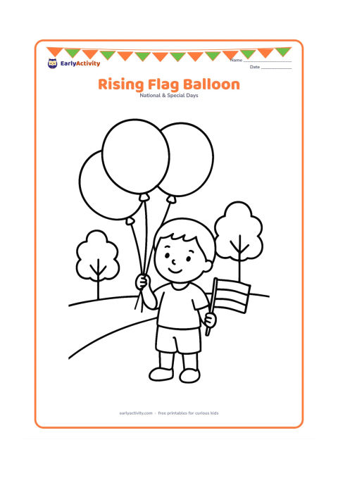 Colouring page: Draw three large round balloons in saffron, white and green order, tied together near a child holding a tiny Indian flag. Place the scene on an open park path with two simple trees.