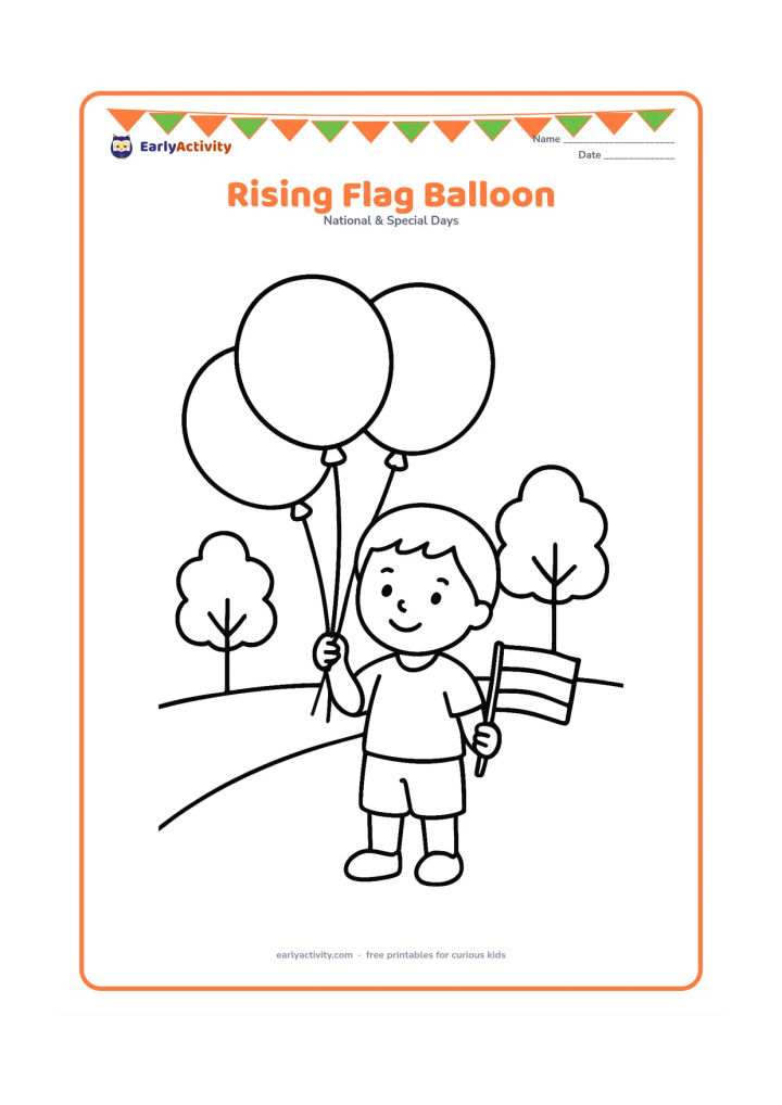 Colouring page: Draw three large round balloons in saffron, white and green order, tied together near a child holding a tiny Indian flag. Place the scene on an open park path with two simple trees.