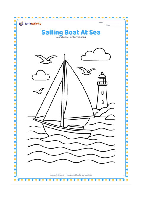 Colouring page: A small sailboat travels across rolling waves beneath seabirds and a partly cloudy sky, with a distant lighthouse and rocky shore. Show the sails, rigging, water ripples and clouds…