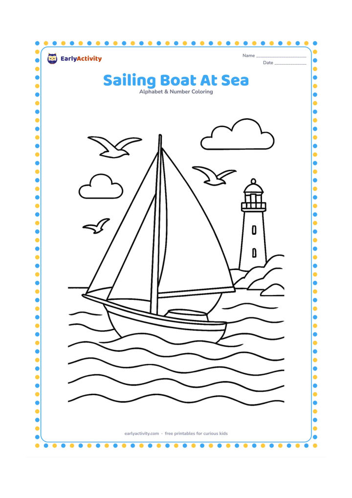 Colouring page: A small sailboat travels across rolling waves beneath seabirds and a partly cloudy sky, with a distant lighthouse and rocky shore. Show the sails, rigging, water ripples and clouds…