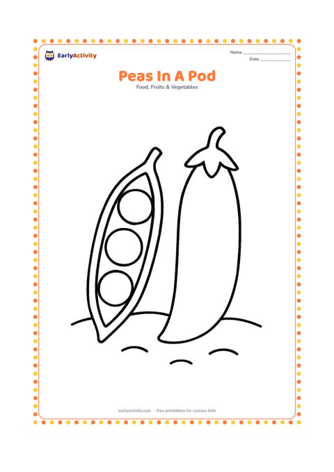 Colouring page: Draw one open pea pod with three large round peas visible inside and one closed pod beside it. Place both on a simple garden patch.