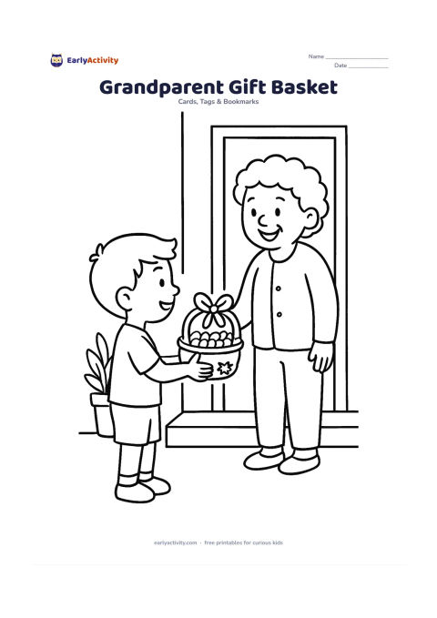 Worksheet: A child offers a small decorated gift basket to a smiling grandparent on a front porch, with a large open area along the lower card for a personal note. Include a potted plant and a…