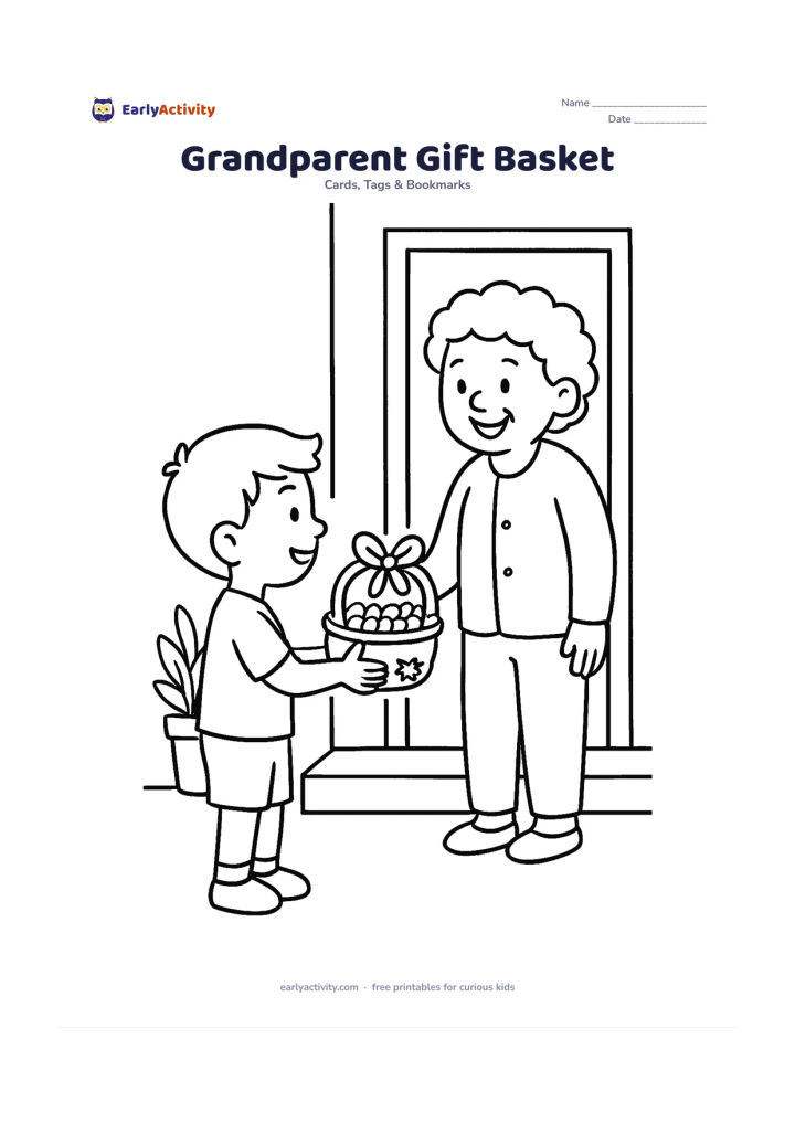 Worksheet: A child offers a small decorated gift basket to a smiling grandparent on a front porch, with a large open area along the lower card for a personal note. Include a potted plant and a…