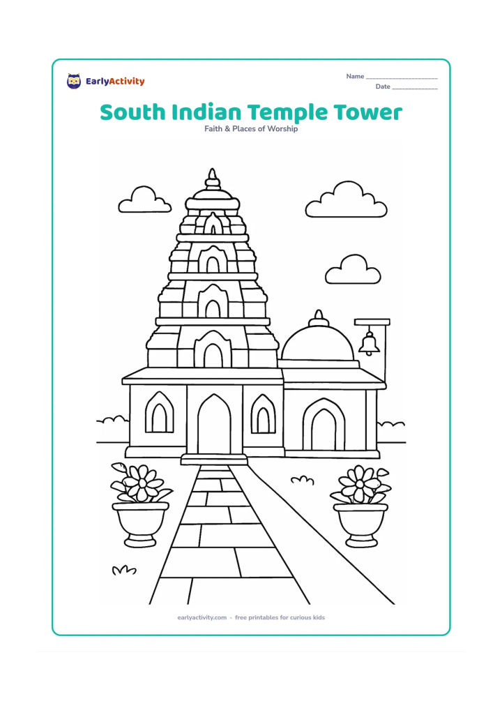 Colouring page: A temple exterior with a tall, tiered gateway tower, a low entrance hall and a courtyard pathway. Add several large sculptural niches as plain outlined shapes, flower pots and a hanging…