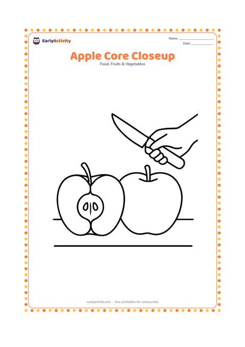 Colouring page: Draw a large half apple beside a whole apple, showing the half apple's core and seeds clearly. Add a small knife set safely on the far side of the table with an adult hand holding it…