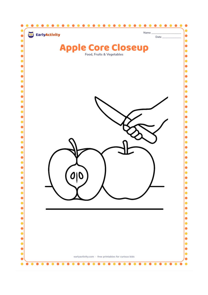Colouring page: Draw a large half apple beside a whole apple, showing the half apple's core and seeds clearly. Add a small knife set safely on the far side of the table with an adult hand holding it…