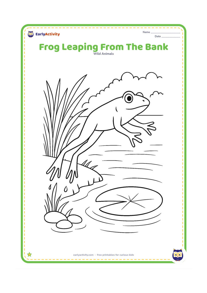 Colouring page: Draw a frog launching from a grassy pond bank toward a lily pad, with its legs fully extended and droplets falling from the takeoff spot. Add layered reeds, stones, water ripples and a…