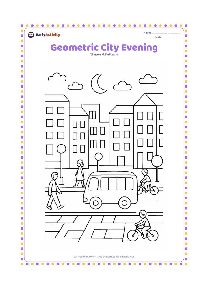 Colouring page: Draw a city street at evening with rectangular buildings, square windows, triangular rooftops, circular streetlights, a crescent moon and a bus made from rounded rectangles. Add…