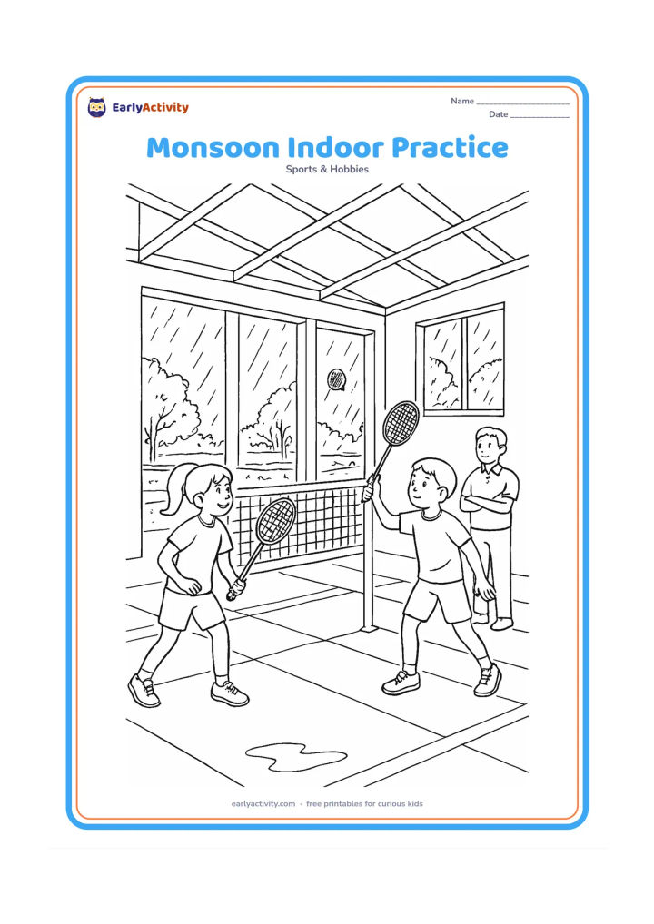 Colouring page: Draw two children practising badminton in a covered community hall during monsoon rain, with open windows, wet trees outside, puddles beyond the threshold, a net and marked floor.…