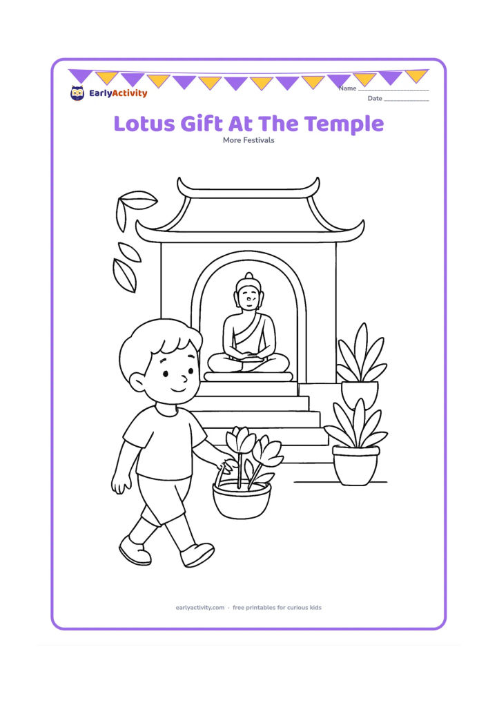 Colouring page: A child carries a small basket of lotus flowers toward a peaceful temple entrance with a seated Buddha visible inside. Add steps, two potted plants and simple curved roof details, with…