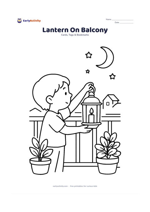 Worksheet: A child hangs a lantern on an apartment balcony railing at dusk, with potted plants, distant rooftops, a crescent moon, and a few stars. Leave a clear sky area for the card message.