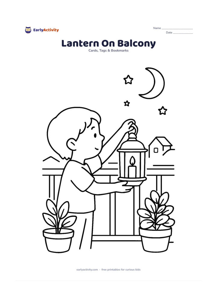 Worksheet: A child hangs a lantern on an apartment balcony railing at dusk, with potted plants, distant rooftops, a crescent moon, and a few stars. Leave a clear sky area for the card message.