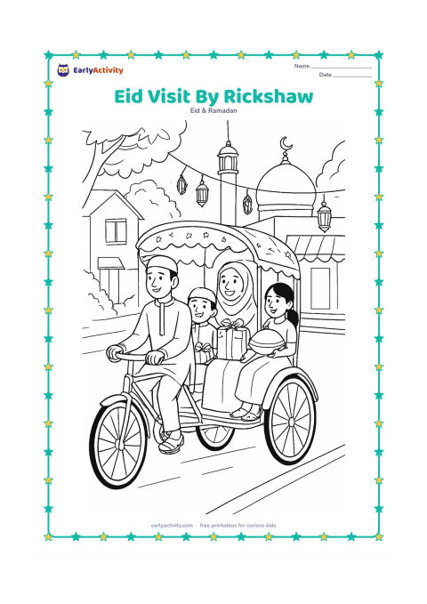 Colouring page: A family travels in a decorated cycle rickshaw to visit relatives on Eid, carrying gifts and a covered food dish. Show an Indian street with trees, homes, a shop awning without writing,…