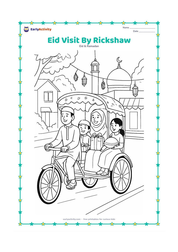Colouring page: A family travels in a decorated cycle rickshaw to visit relatives on Eid, carrying gifts and a covered food dish. Show an Indian street with trees, homes, a shop awning without writing,…