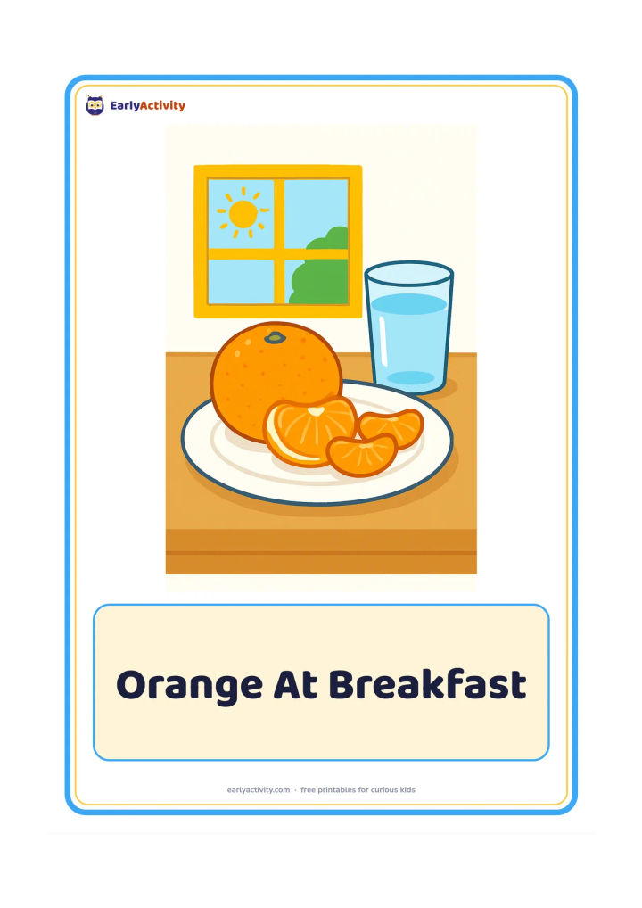 Flashcard: Draw a peeled orange and two orange segments on a breakfast plate beside a glass of water. Place the setting on a table near a sunny kitchen window.