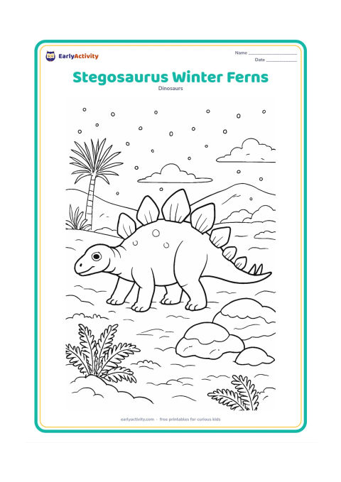 Colouring page: Draw a stegosaurus crossing a lightly snowy prehistoric clearing with frost-tipped ferns, bare cycads, snow-covered rocks, and distant hills. Keep the dinosaur's plates uncovered and…