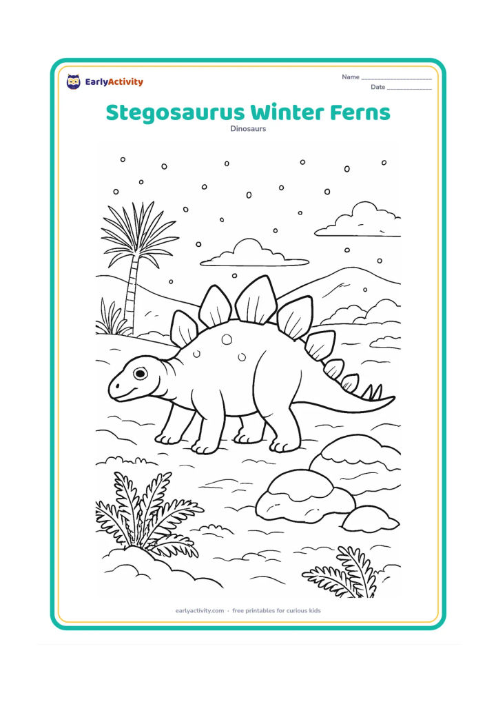Colouring page: Draw a stegosaurus crossing a lightly snowy prehistoric clearing with frost-tipped ferns, bare cycads, snow-covered rocks, and distant hills. Keep the dinosaur's plates uncovered and…