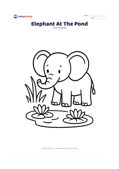 Worksheet: Draw one friendly elephant standing beside a small pond, with very large ears, a curved trunk and four sturdy legs. Add two large water lilies and a few broad grass shapes around the…