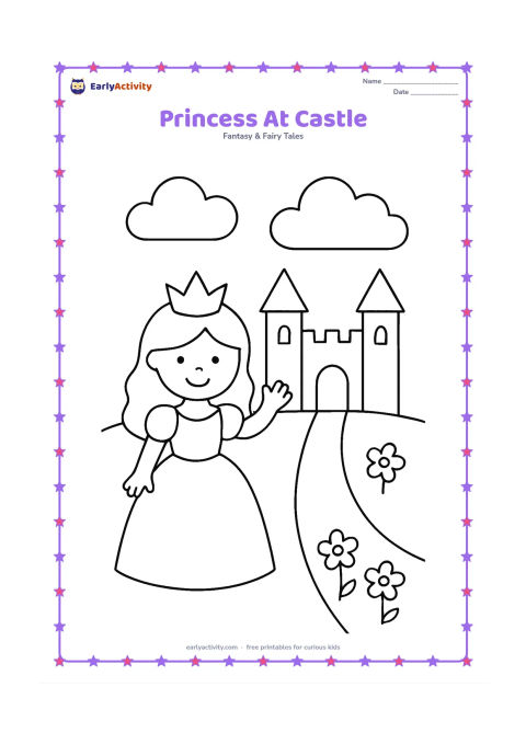 Colouring page: Draw a princess waving in front of a friendly castle with two towers, a flagless roof, a round doorway, and a short path. Add two large clouds and a few simple flowers.