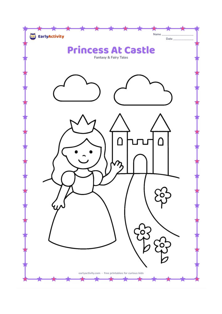 Colouring page: Draw a princess waving in front of a friendly castle with two towers, a flagless roof, a round doorway, and a short path. Add two large clouds and a few simple flowers.