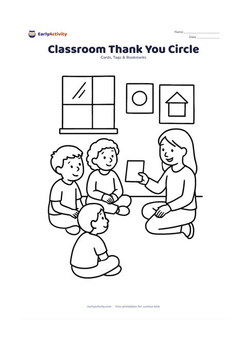 Worksheet: Four children sit in a circle with one child offering a handmade-looking blank card to a visiting speaker, inside a bright classroom with a window and simple artwork shapes. Leave a…