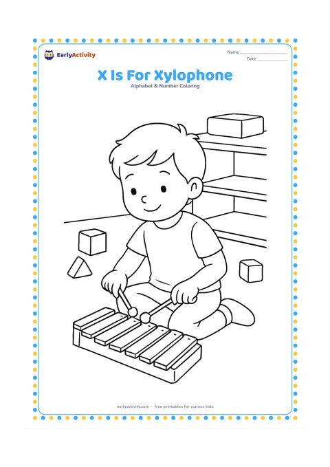 Colouring page: Draw a child tapping a colourful xylophone with two mallets on a classroom floor, surrounded by a few toy blocks and a low shelf. The xylophone bars should be clearly visible without…