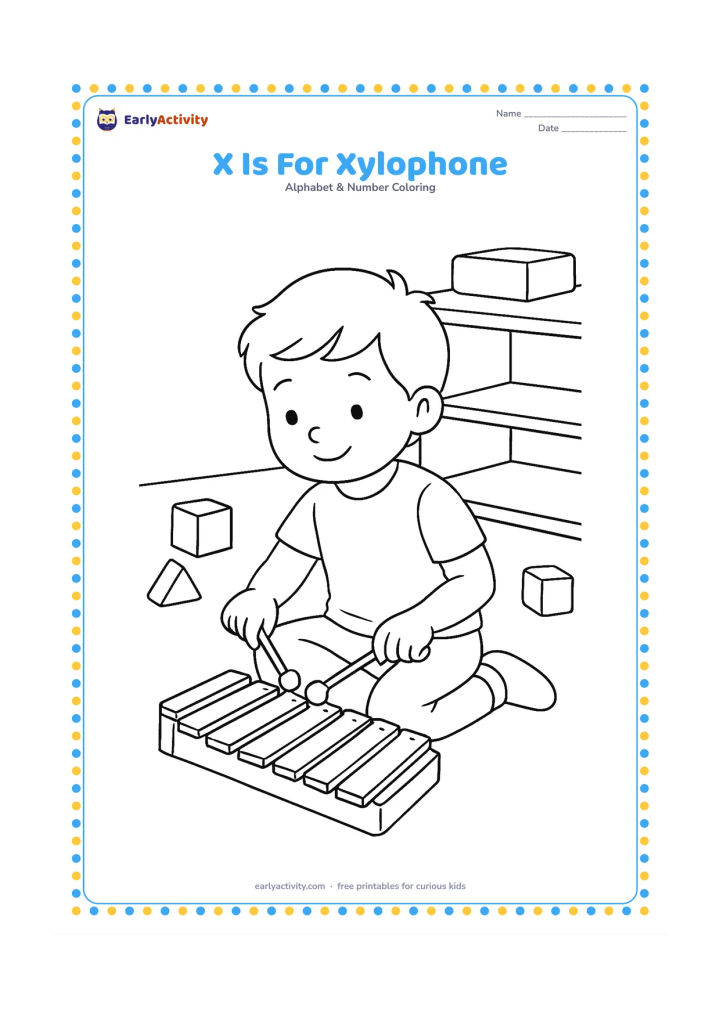 Colouring page: Draw a child tapping a colourful xylophone with two mallets on a classroom floor, surrounded by a few toy blocks and a low shelf. The xylophone bars should be clearly visible without…