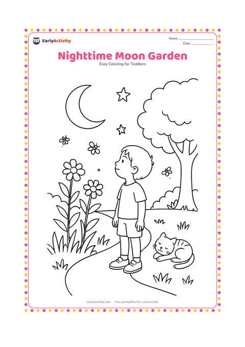 Colouring page: Draw a child looking at a crescent moon from a garden path, with a sleeping cat, tall flowers, fireflies, a tree and a few stars in the sky.