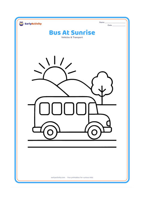Colouring page: Draw a school bus facing right on a straight road with a large rising sun, two low hills, and one simple tree. Use a clear side view and large empty windows.