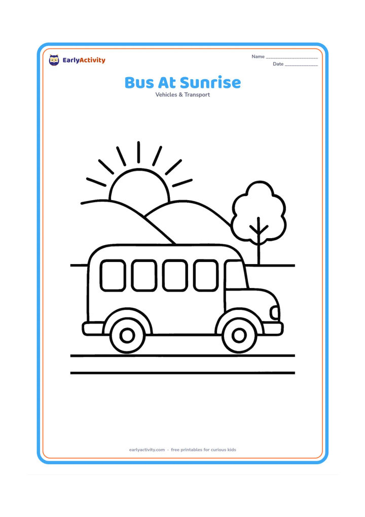 Colouring page: Draw a school bus facing right on a straight road with a large rising sun, two low hills, and one simple tree. Use a clear side view and large empty windows.