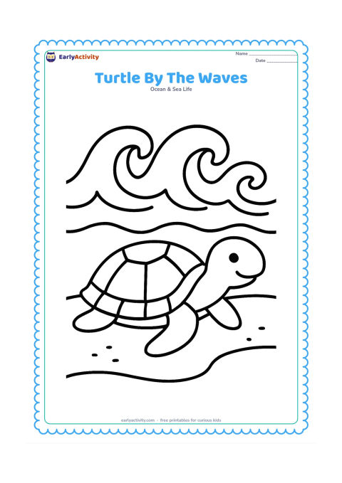 Colouring page: Draw one friendly sea turtle resting beside three large ocean waves, with a simple shell, head, four flippers, and a small sandy shore.