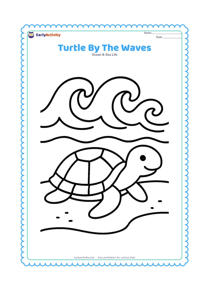 Colouring page: Draw one friendly sea turtle resting beside three large ocean waves, with a simple shell, head, four flippers, and a small sandy shore.