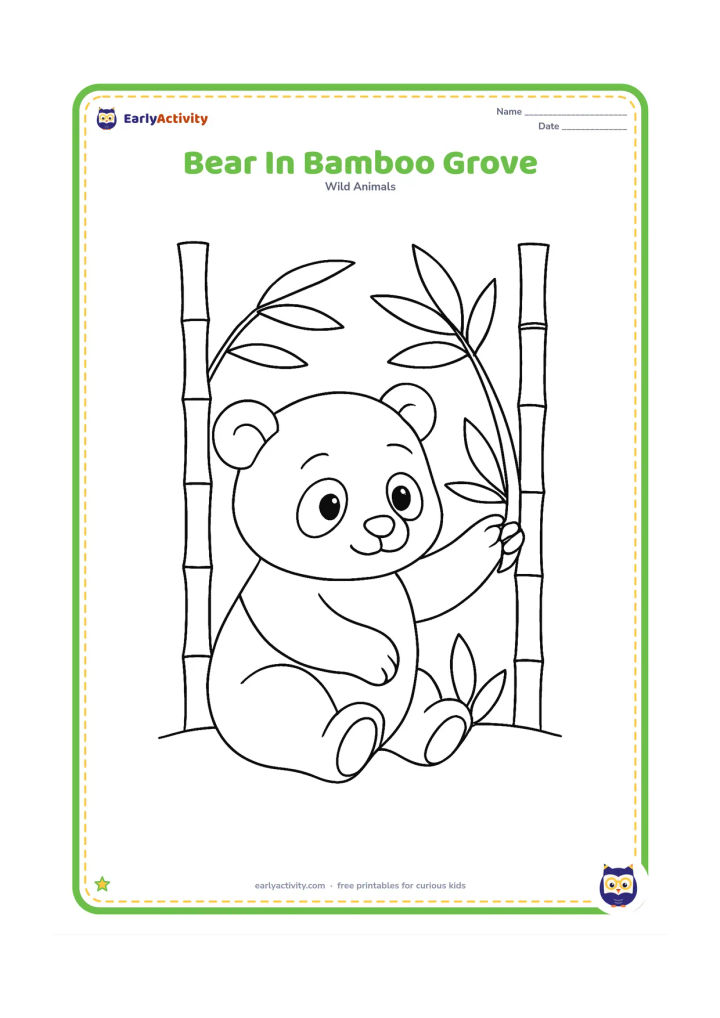 Colouring page: A panda bear sits among bamboo stalks and reaches for a leafy bamboo branch, with several broad leaves and a curved ground line.
