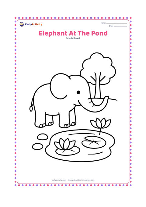 Colouring page: A friendly elephant stands beside a small pond, lifting its trunk toward the water. Add two broad lotus leaves, a few rounded stones and one simple tree in the background.