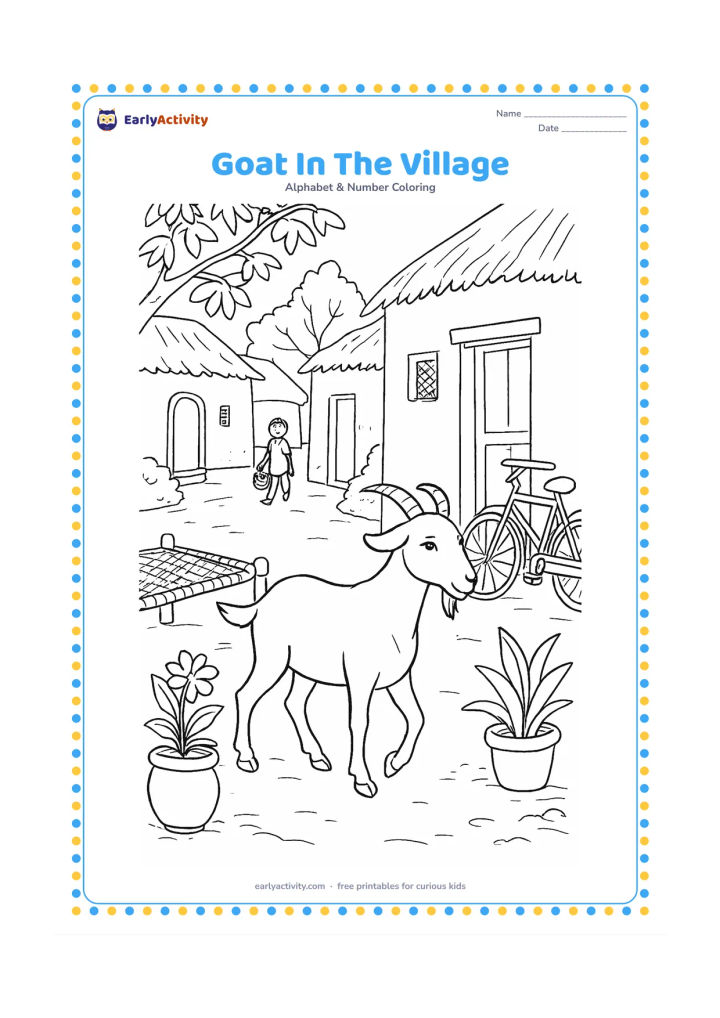 Colouring page: A goat walks through an Indian village lane beside a mud-plastered home, a woven charpai, potted plants, and a bicycle. A child carries a small basket in the background.
