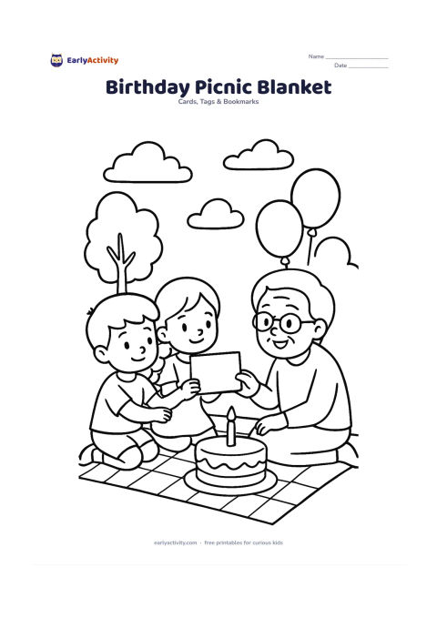 Worksheet: Show two children sitting on a picnic blanket and offering a small birthday card to a grandparent, with a cake and balloons nearby. Leave a clear blank writing panel on the card they are…