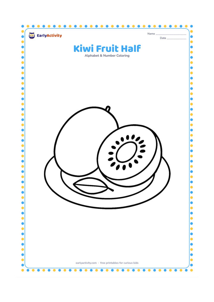 Colouring page: One whole oval kiwi fruit sits beside a cut half showing its seeds and pale centre. Place both on a plain plate with a small leaf nearby.